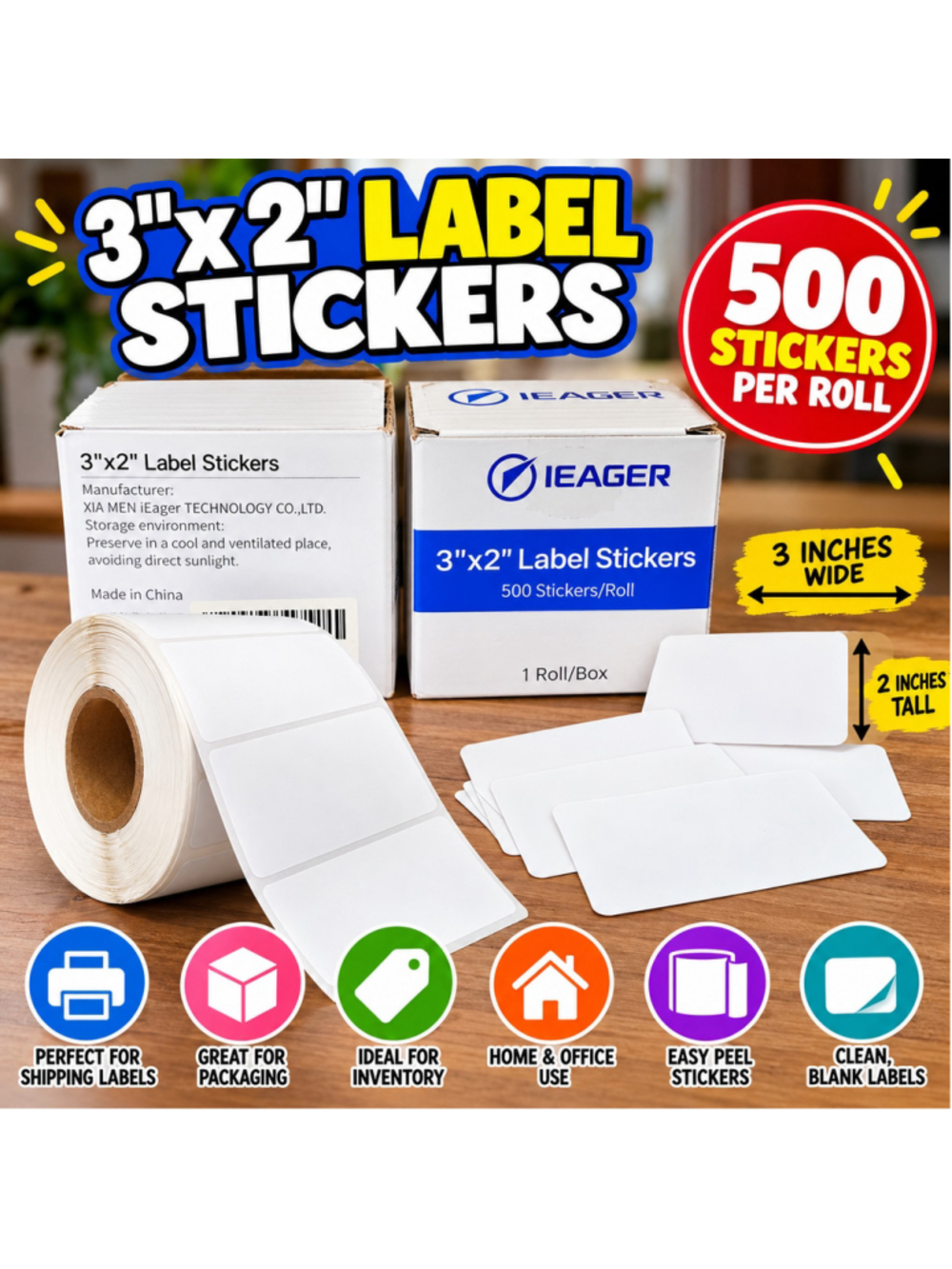 2 Boxes IEAGER 3"x2" Direct Thermal Label Stickers 500/Roll NIB